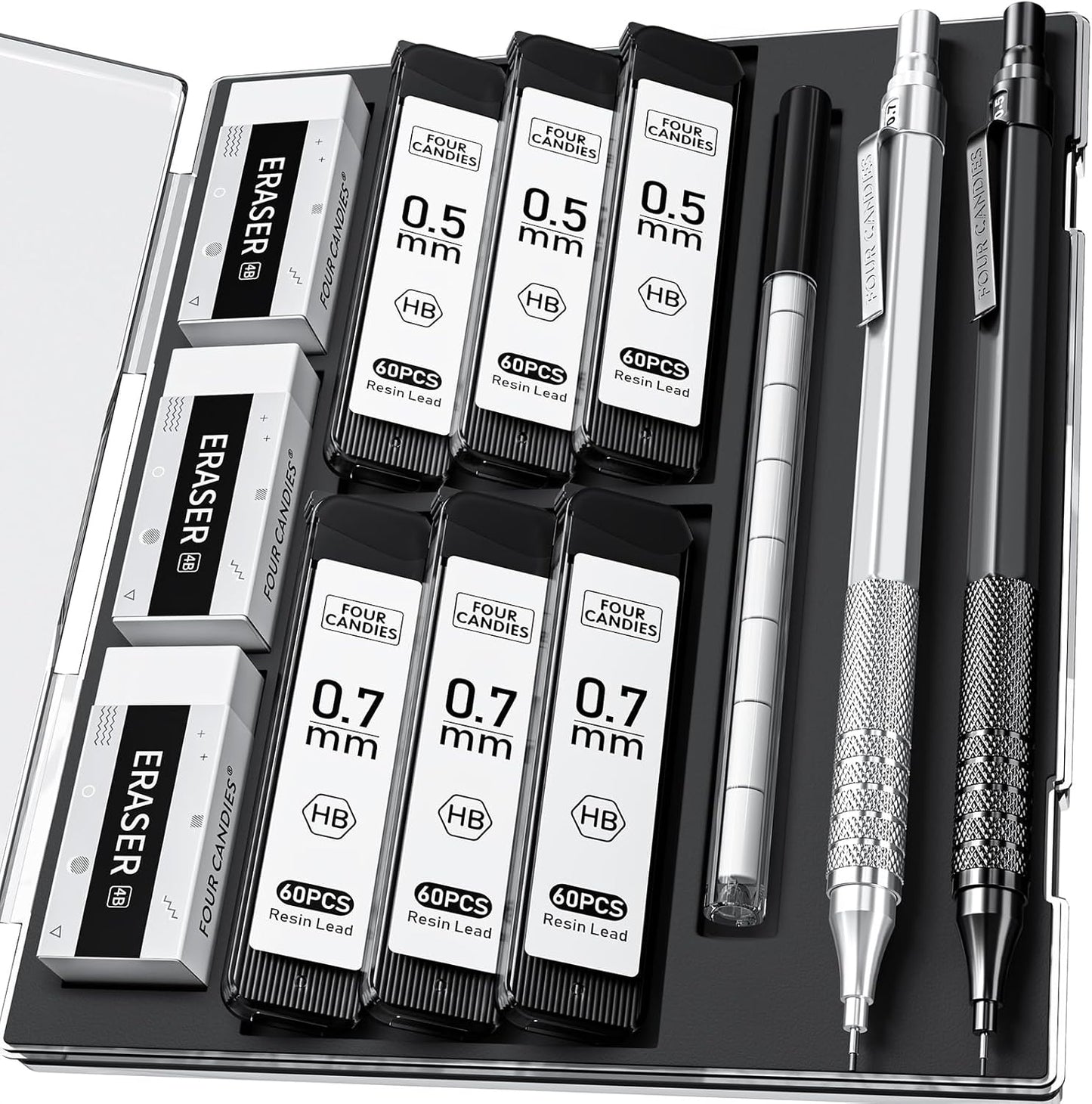 Four Candies 2PCS Metal Mechanical Pencils Set with Case, 0.5mm & 0.7 mm Artist Pencil with 6 Tubes (360PCS) HB Lead Refills, 3 Erasers,9 Eraser Refills For Writing Drafting, Drawing, Black&Silver
