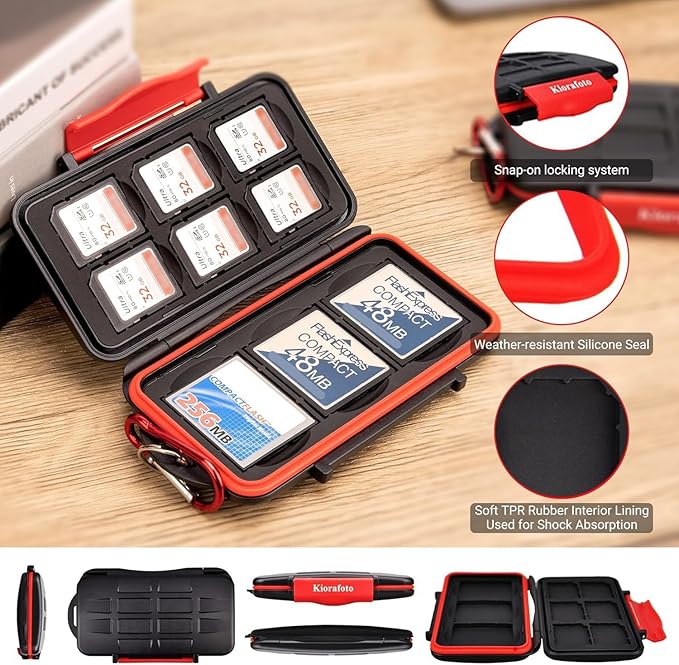 Kiorafoto 9 Slots Professional Water-Resistant Anti-Shock Holder Storage SD SDHC SDXC CF Memory Card Case Protector Cover with Carabiner for 6 SD Cards & 3 CF Compact Flash Cards