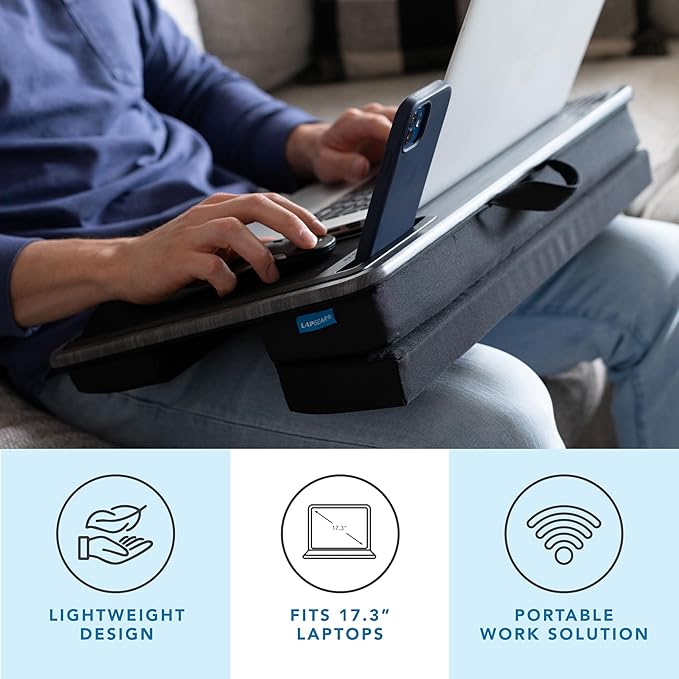 LAPGEAR Extra Large Adjustable Lap Desk with Memory Foam Wrist Rest, Mouse Pad, Phone Holder, Device Ledge, and Booster Cushion - Black Carbon - Fits up to 17.3 Inch Laptops - Style No. 88108