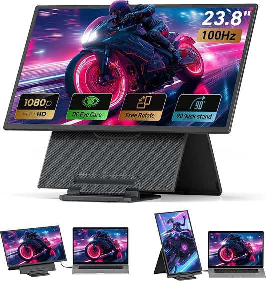 23.8" Portable Monitor 1080P FHD 100Hz, IPS Laptop Screen Extender with 120% sRGB, 90° Rotatable & Height Adjustable Stand, USB-C/HDMI Plug & Play, Travel Monitor for Mac, Phone, Switch, Xbox, PS5