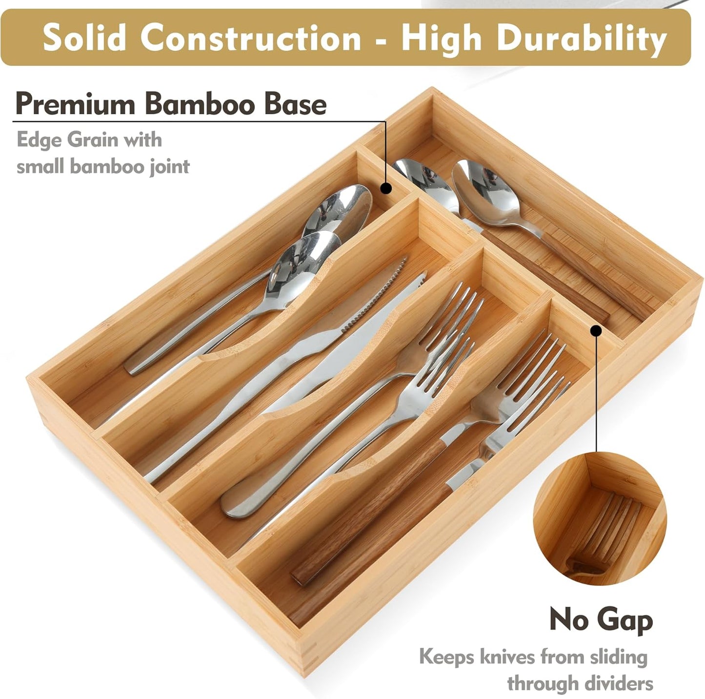Bamboo Kitchen Drawer Organizer, 8.25 Inch Silverware Utensil Holder for Samll Drawer, Silverware Organizer for Cutlery Knives