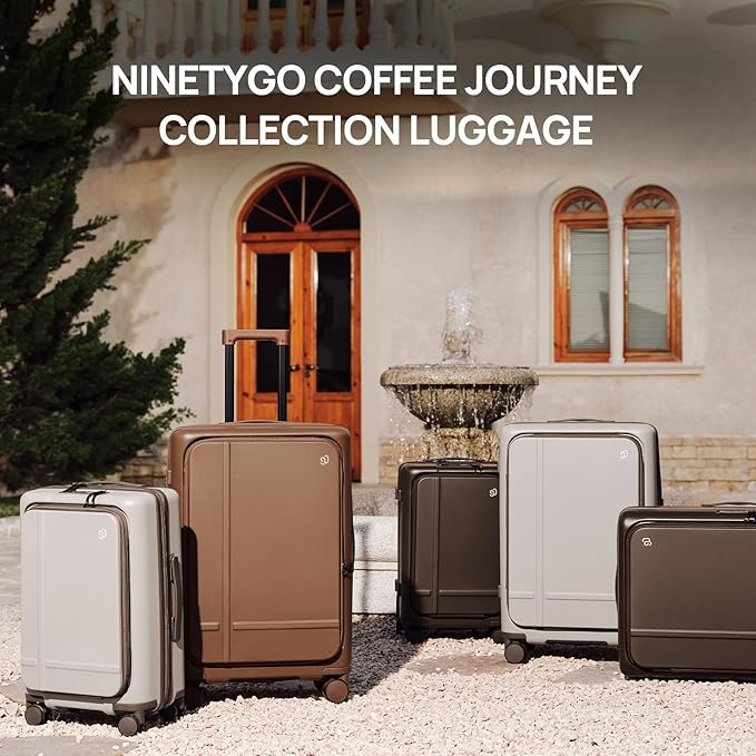 NINETYGO Medium Checked Luggage 25 Inch, Flat Top Opening Checking In Luggage with Cup Holder, Expandable, Coffee-Infused PC Hard Shell, Eco-Friendly, TSA Lock, 360° Spinner Wheels (Oats White)