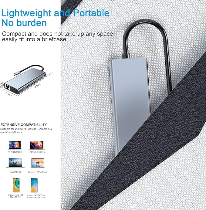 USB C HUB, USB C Adapter 11 in 1 Dongle with 4K HDMI, VGA, Type C PD, USB3.0, RJ45 Ethernet, SD/TF Card Reader, 3.5mm AUX, Docking Station Compatible with MacBook Pro/Air, Other Type C Laptops