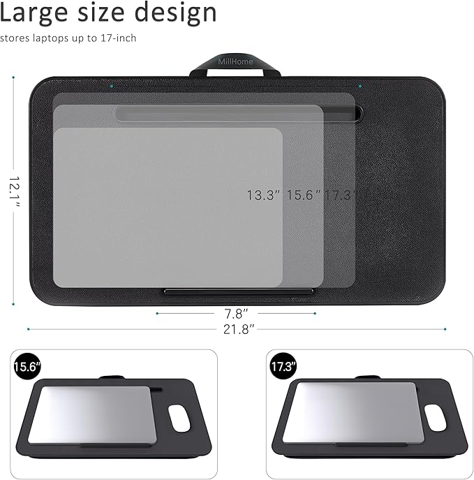 Lap Desk, Lap Desk with Cushion, Fits up to 17 inch Laptop, Pillow Designed, Portable Laptop Stand with Tray, Pad & Phone Holder, Home Office for Bed/Couch/Car/Reading/Writing,MillHome (Black)