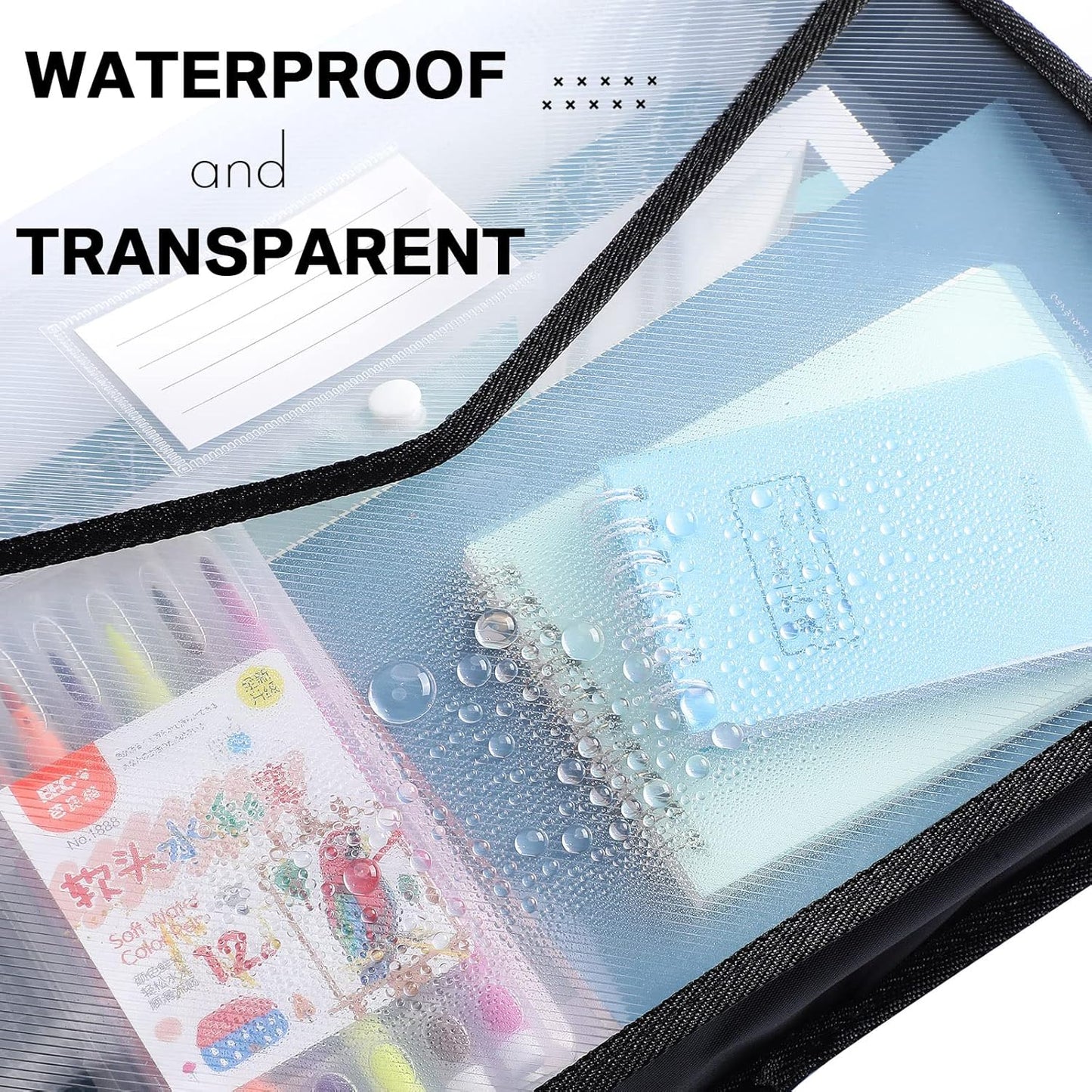 10 Pieces Plastic File Folders Envelope Expanding File Wallet Organizer Documents Folder with Snap Closure and Pocket, A4 Size Waterproof Transparent Pouch(Black,Horizontal)