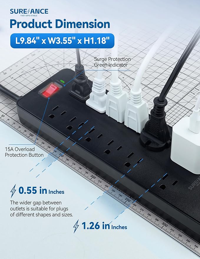 Surge Protector Power Strip - SUREANCE 12 Outlets Surge Protector Outlet Extender with 5 USB Ports, 6FT Flat Plug Extension Cord, 2100J, Mountable, Flat Plug, Heavy Duty, Widely-Spaced, ETL Listed