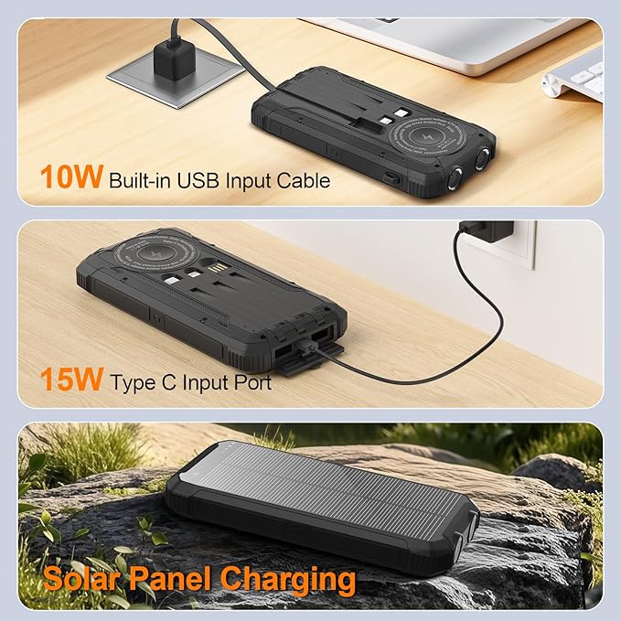 Solar Power Bank 20000mAh Wireless Portable Charger Built-in 3 Cables 15W USB-C Fast Charging Battery Pack Compatible with iPhone, Samsung, iPad, Emergency LED Flashlights Perfect for Camping, Hiking