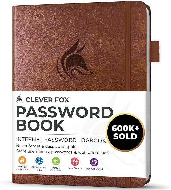 Clever Fox Password Book with alphabetical tabs. Internet Address Organizer Logbook. Small Pocket Password Keeper for Website Logins (Brown)