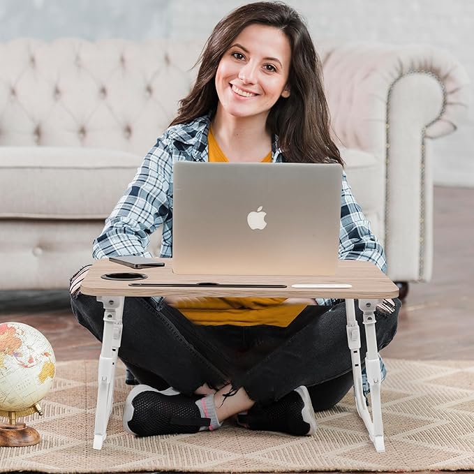 Laptop Desk for Bed Height Adjustable, Lap Bed Table with USB/Storage Drawer/Cup Holder/Tablet Stand/Book Shelf, Foldable Breakfast Tray Portable for Reading Writing, Sofa & Floor, Glacier