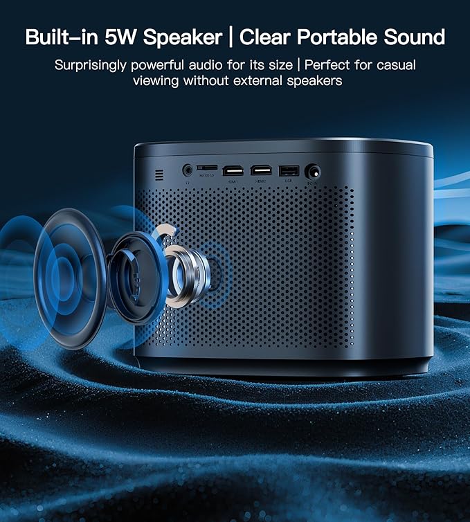 Miroir Mini Projector, Home HD Projector with Built-in Speaker, Auto Focus, Keystone Correction, Portable for Outdoor Movies, Compatible with Smartphone, TV Stick, Laptop, HDMI, USB