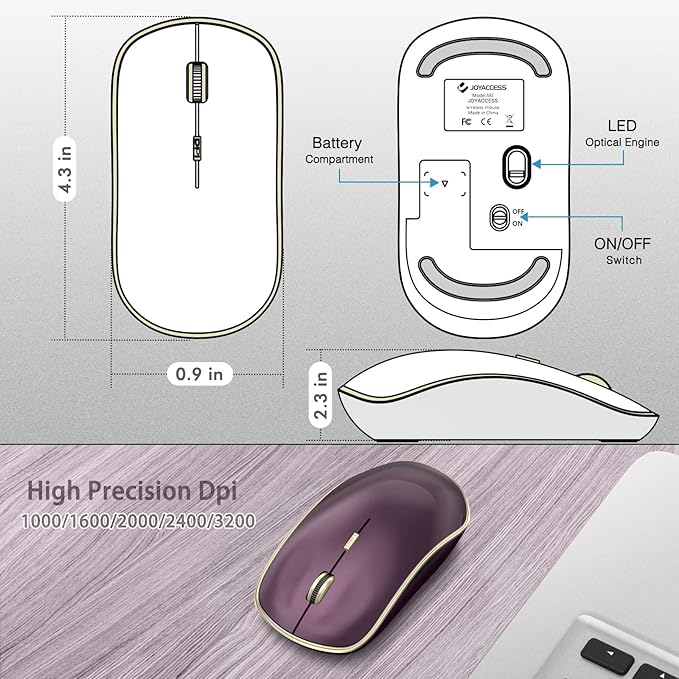 JOYACCESS J Wireless Mouse for Laptop, 2.4G Slim Wireless Silent Mouse, Portable Wireless Computer Mouse, 3200 DPI, USB Wireless Mouse for Desktop, Notebook, Chromebook, PC (Wine Red)