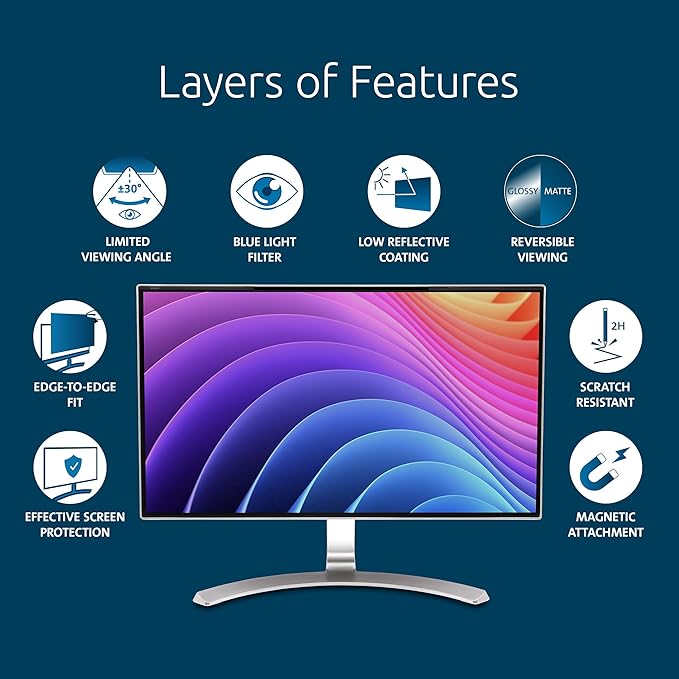 Kensington MagPro 27 Inch Magnetic Computer Privacy Screen for Desktop, Removable 16:9 Computer Privacy Filter, Anti-Glare Blue Ray Reduction, Compatible with Slim Bezel Monitors, K55419WW