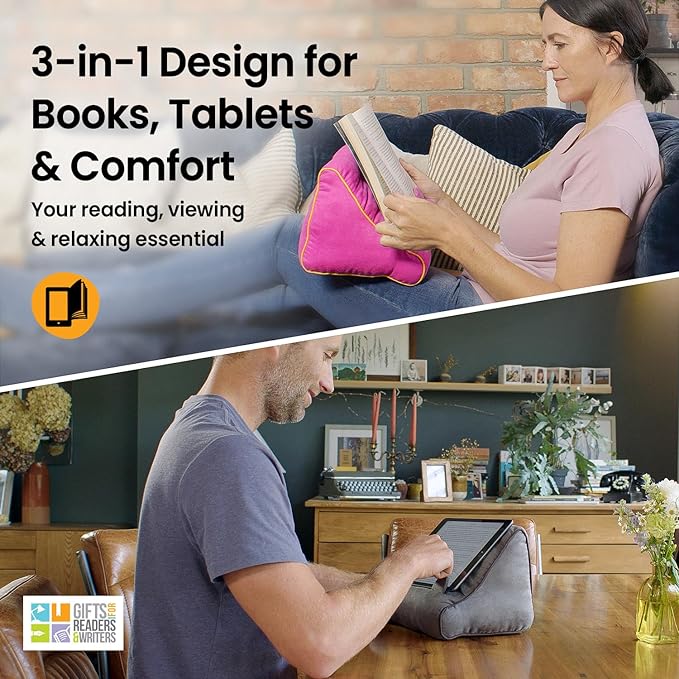 Gifts for Readers & Writers Book Pillow Tablet Stand for Bed Grey - Premium Cushioned Book Holder for Hands Free Reading, Stylish Tablet Holder for Bed, Kindle Pillow Stands & Lap Ipad Holders