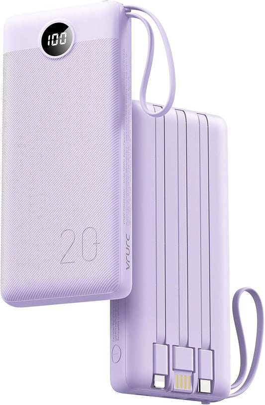 VRURC Portable Charger with Built in Cables 20000mAh, 22.5W Fast Charging USB C Power Bank,LED Display Charging Back with 4 Output 2 Input for iPhone 15/14/13/Pro, Samsung,Android-Purple (1 Pack)