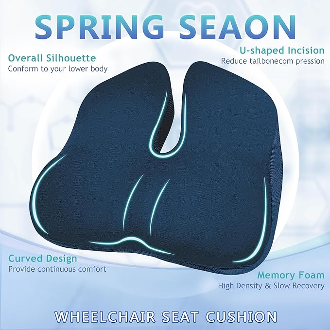 SPRING SEAON Wheelchair Seat Cushion Cool Fabric,Ergonomic Memory Foam Chair Pad for Pressure Relief, Sciatica, and Tailbone Pain,Rubber Non-Slip Bottom & Removable for Easy Cleaning