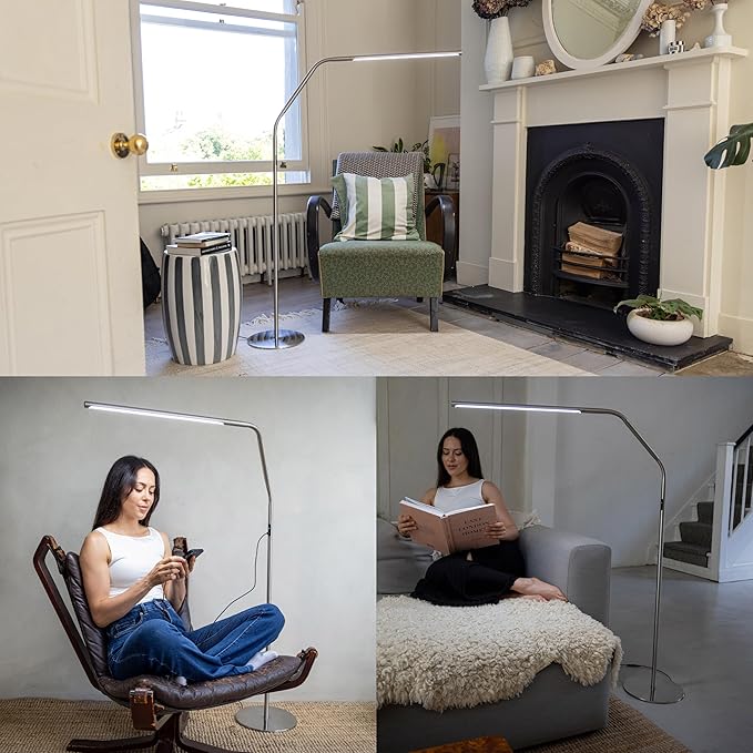 daylight Slimline 4™ LED Floor Lamp in Brushed Steel - 6,000K, 3,200 Lux, 4 Brightness Levels, USB-C Charging Port, Anti-Glare Diffuser, Flexible Design, Art & Craft, Sewing, Nail Salon