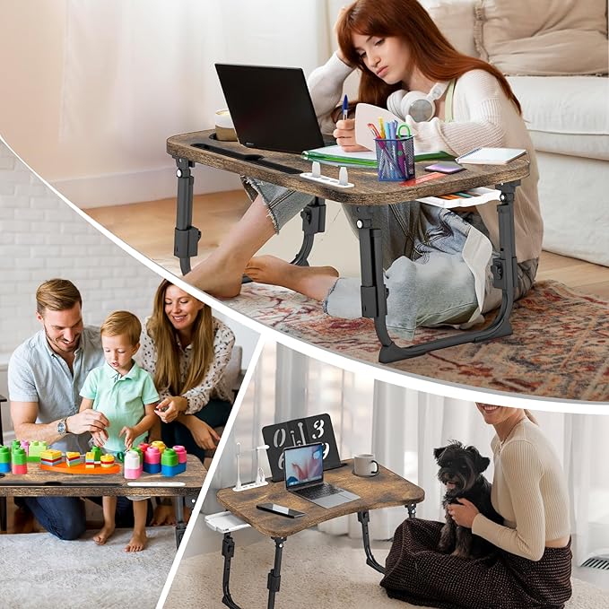 Lap Desk for Bed Adjustable Height, Foldable Bed Table with Storage Drawer, Tablet Slot & Cup Holder, Portable Laptop Stand for Bed & Sofa, Bed Desk for Adults & Kids, Carbonized