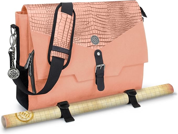 ENHANCE Collector's Edition RPG Player's Essentials DND Bag - Dragon Hide Exterior Messenger Bag Fits 2-4 Books, Binders, Dice & Accessories, with 17 inch Laptop Slot, Battlemap Straps (Dragon Pink)
