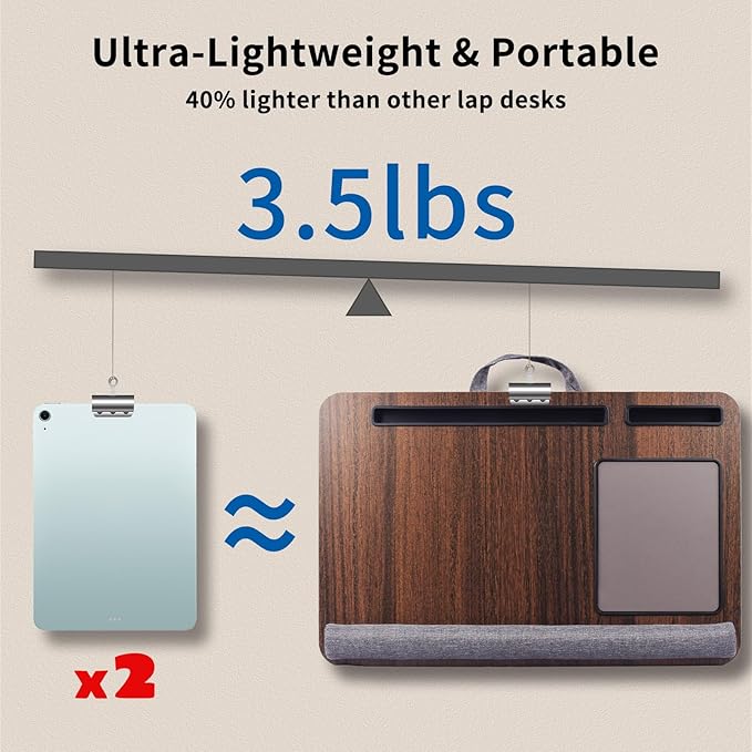 Home Office Lap Desk with Wrist Rest Wrist Rest, Mouse Pad, and Phone Holder Large Laptop Bed Desk for Notebook, Laptop, Tablet, Lap Stand Fits Up to 17 Inch Laptops (Brown)