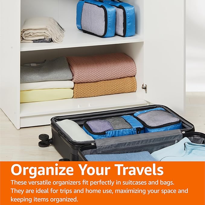 Amazon Essentials 4-Piece Packing Cubes Travel Accessories Set, Luggage Organizer with Double Zipper, Mesh Top, 100% Polyester, Small, Sky Blue (Previously Amazon Basics)