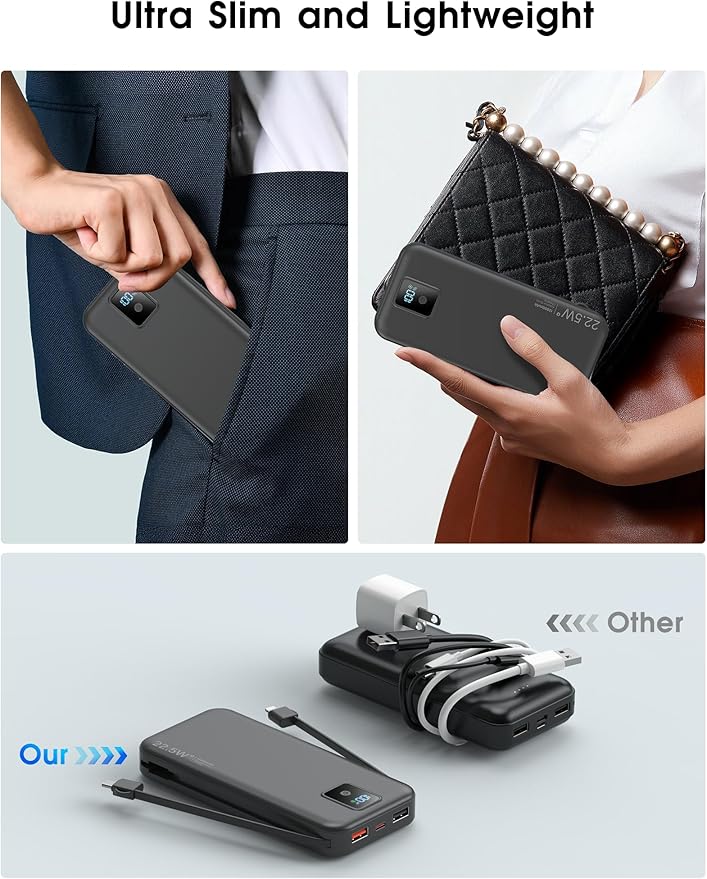 Portable Power Bank, 12000mAh 22.5W Fast Charging Phone Charger with Built-in Cables & Wall Plug, Travel Essential Battery Pack with LED Display, USB C Battery Charging Bank for iPhone, Samsung Black