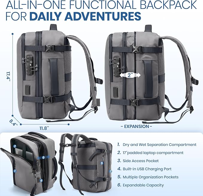 Fanwoli Vacuum Travel Backpack, Carry On Luggage with TSA Lock & Anti Theft Zipper, 60L Expandable Airback with Compression Pump, Waterproof Laptop Bag Ideal for Flight & Business,Grey