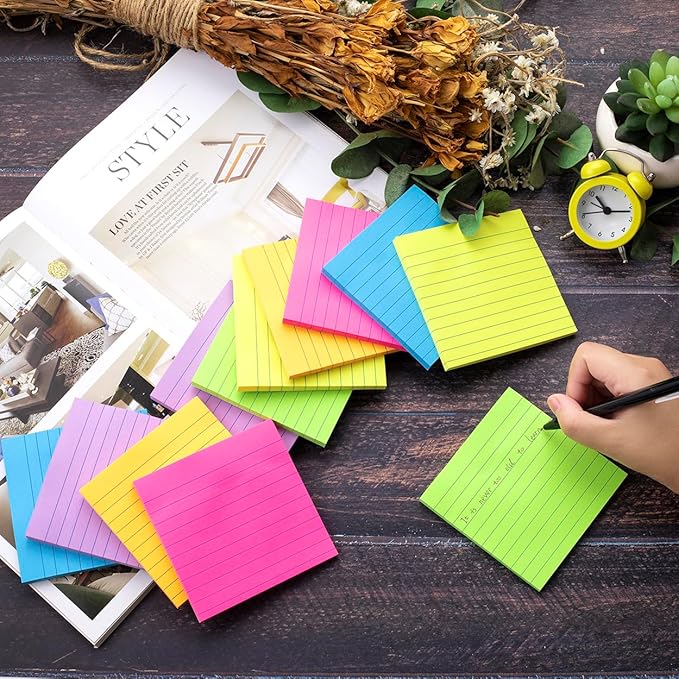 (6 Pads) Lined Sticky Notes 4x4 in, 6 Bright Colors Self-Stick Note Pads, Strong Adhesive, 47 Sheets/Pad