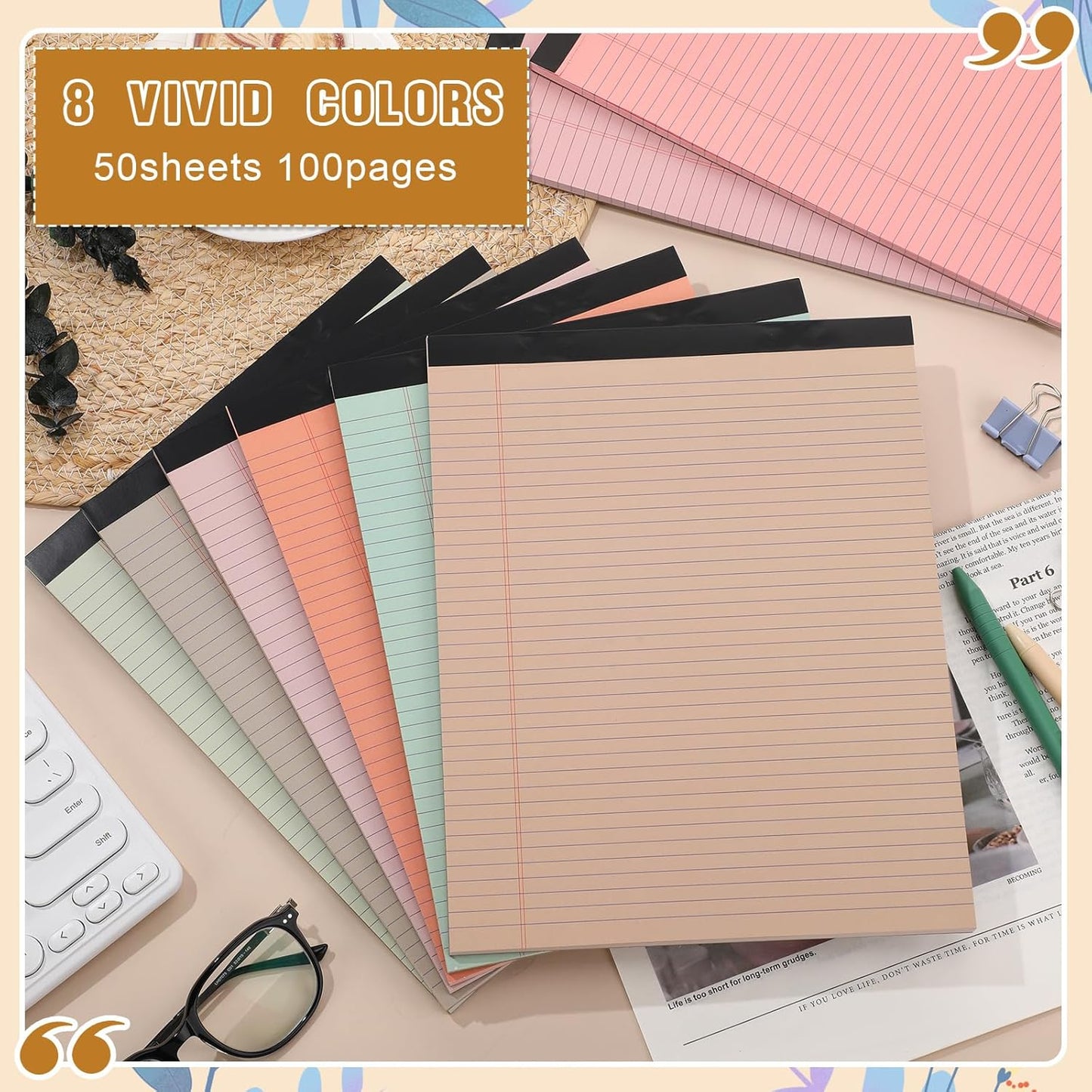 Fuutreo 8 Pcs 8.5'' x 11'' Colored Legal Pad Writing Pads Narrow Ruled 50 Sheets Per Notepad Perforated Writing Notepad Office Supplies for College Office Business (Bohemian Color)
