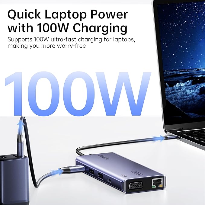 10-in-1 USB C Hub Multiport Adapter, 4K60Hz HDMI & VGA, 100W PD Charging, Gigabit Ethernet, USB 3.0, SD/TF Card Reader, 3.5mm Audio, for MacBook, iPad, Dell, HP and More Type C Laptops