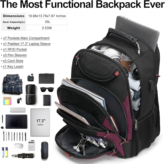 Boavan Laptop Backpack for men, 17.3 inch Laptop Bag with USB Port, Waterproof Travel Work Backpack Purse, Anti-Theft Teacher Nurse Doctor Casual Bookbags Office Business backpack，Black& Purple