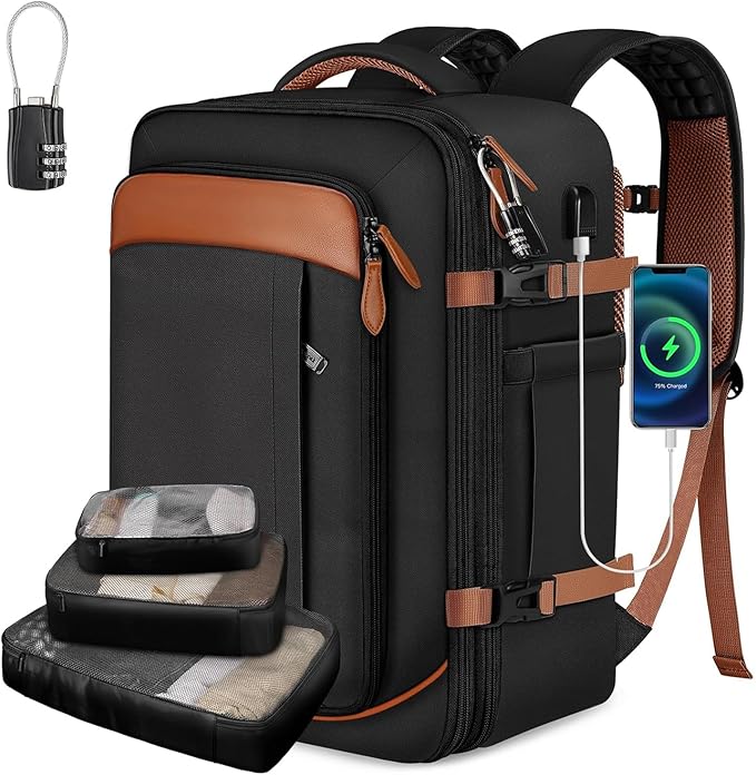 Vancropak 40L Travel Backpack for Women & Men, Large Expandable Carry on Backpack for Airplanes with 3 Packing Cubes, Airline Approved Water Resistant Anti Theft Travel Bag fit 17" Laptop, Black Brown