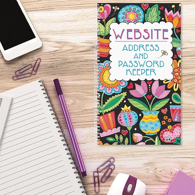 Current Mary Engelbreit Password & PIN Keeper Book, 94 Pages, 5” x 8.5” Size Spiral Bound, Soft Cover Internet Organizer for Offline Website, Login, & Username Storage