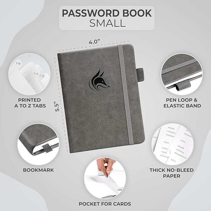 Clever Fox Password Book with alphabetical tabs. Internet Address Organizer Logbook. Small Pocket Password Keeper for Website Logins (Gray)