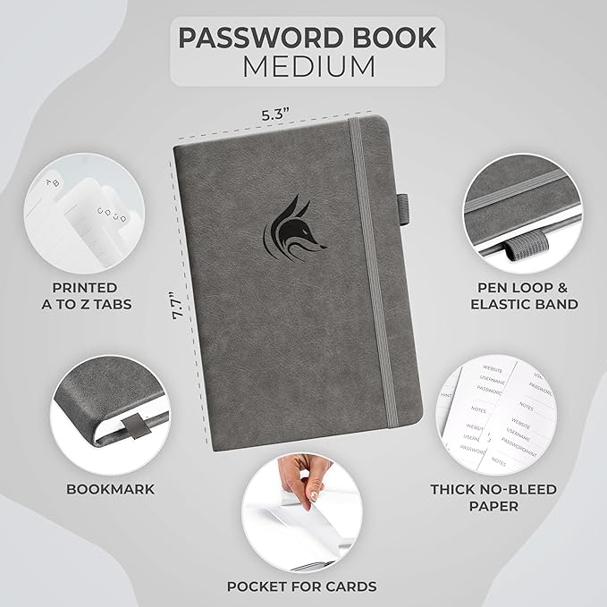 Clever Fox Password Book with alphabetical tabs. Internet Address Organizer Logbook. Medium Password Keeper for Website Logins (Gray)