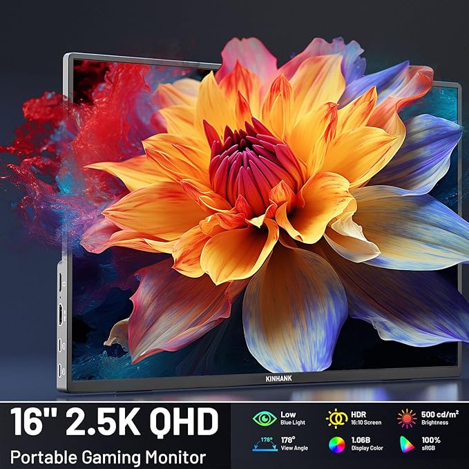16" Smart Portable Monitor with Google TV OS, 2.5K QHD (2560x1600) 144Hz Display, 500 Nits Brightness, 100% sRGB, Wi-Fi/Bluetooth, USB-C/HDMI External Screen for Laptop/PC/Gaming Console