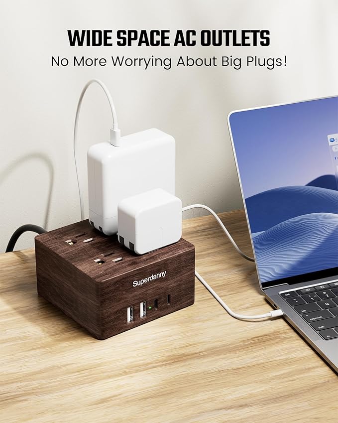 SUPERDANNY USB Power Strip Surge Protector - Desktop Extension Cord with 4 Widely Spaced Outlets & 4 Smart USB Ports, Portable Charging Station for Home, Office, Hotel, Dorm, RV, Deep Walnut Grain
