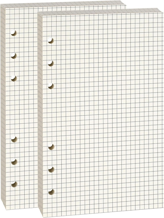 A6 Grid-Ruled Refill Paper, 100gsm Thick Beige No-Bleed Sheets (2 Packs, 80 Sheets Each), Pre-Punched – Fits A6 6-Ring Binders for Office, School & Teachers