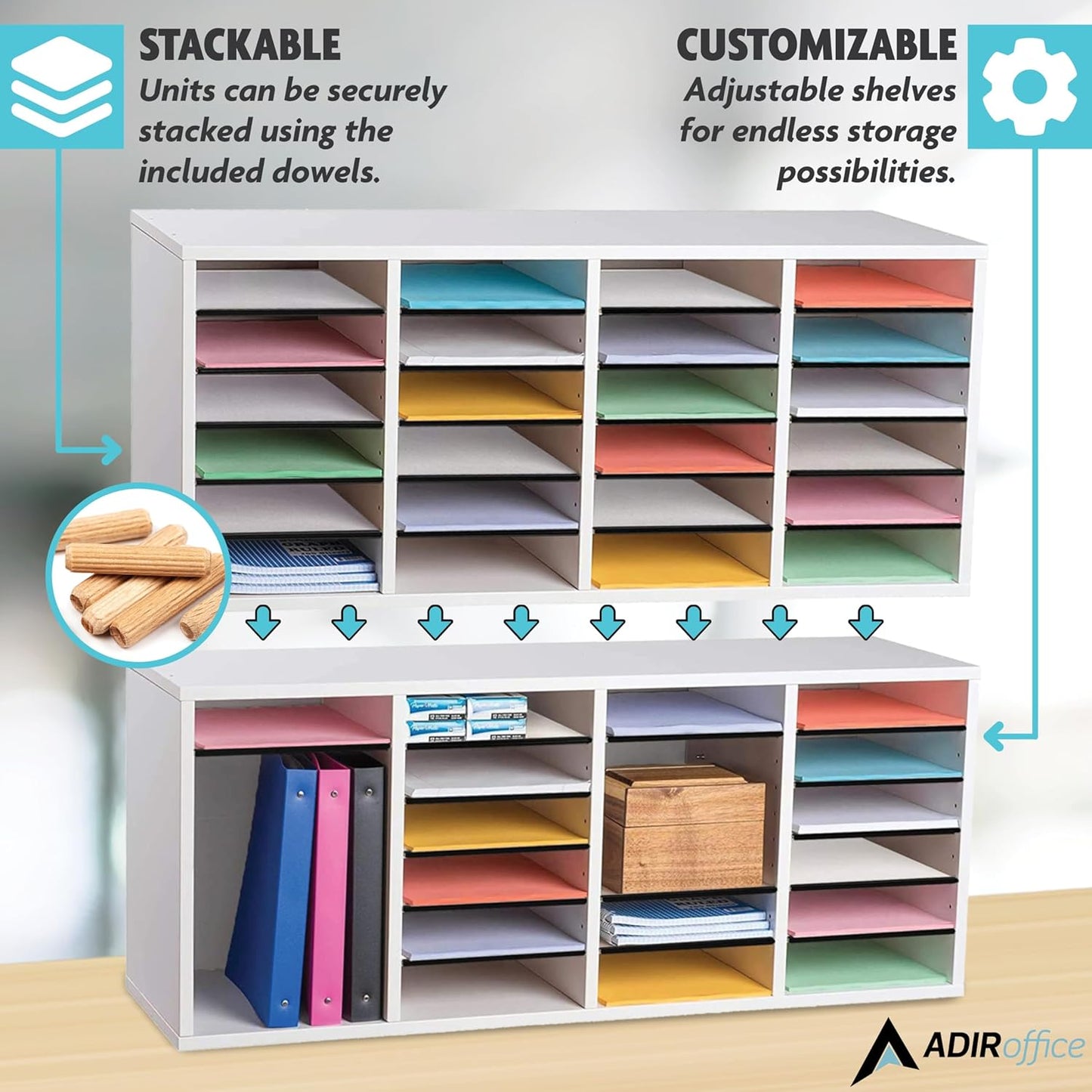AdirOffice Wooden Adjustable Literature Organizer, 24 Compartment Office Mailbox, or Classroom Literature Organizer, White