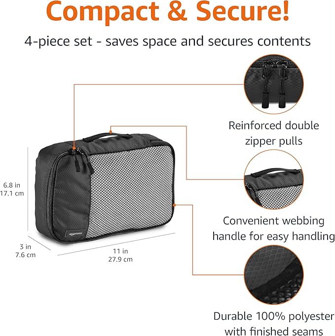Amazon Essentials 4-Piece Packing Cubes Travel Accessories Set, Luggage Organizer with Double Zipper, Mesh Top, 100% Polyester, Small, Black (Previously Amazon Basics)