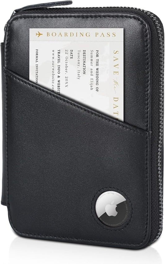 Polare Full Grain Leather Travel Passport Wallet RFID Blocking Passport Holder Soft Bifold Cover Case with YKK Zipper (Black with AirTag Slot)