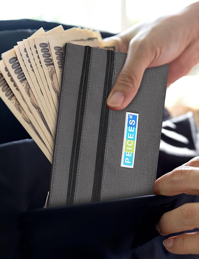 Peicees World Travel Essentials Currency and Passport Organizers Cash Cards Tickets Holder RFID Blocking Wallet, Light Gray