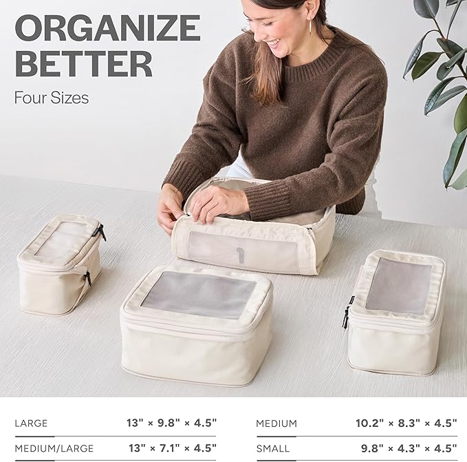 Compression Packing Cubes for Travel - Luggage Organizer Bags - Double Zipper Packing Cubes for Suitcases (4-Pack, Beige)