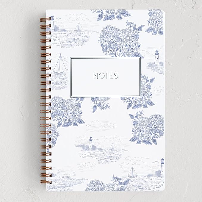 Minted Coastal Toile Notebook, Writing Journal for Notes & Journaling, Durable Paper Cover, Modern, Colorful & Simple Spiral Bound Journal Notebook with 160 Lined Pages, 5.5" x 8.5"