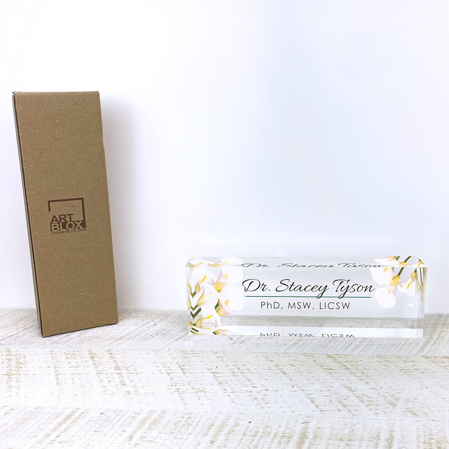 Artblox Office Desk Name Plate Personalized | Custom Name Plates for Desks | Calla Flowers Design On Clear Acrylic Glass | Office Desk Decor - (8" x 2.5")