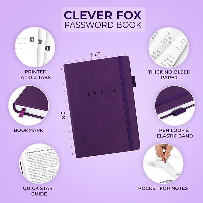 Clever Fox Password Book – Alphabetized Internet Address & Password Organizer – Computer & Website Password Keeper Notebook – Log-In Password Journal - Medium, A5, 8.3x5.8″, Hardcover (Purple)