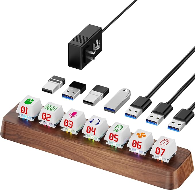 7-Port USB 3.0 Powered Hub, RGB Lighting, Hot-Swappable Cherry MX Switch Support, 5Gbps Speed, Includes 12V/2A Power Adapter, Walnut Wood Cyberpunk USB Dock-FU0724