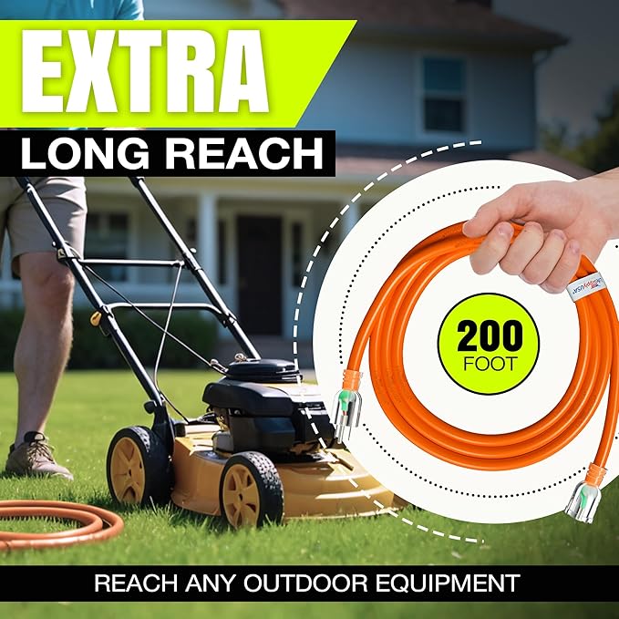 200ft Outdoor/Indoor Extension Cord 16/3 Gauge Heavy Duty 3 Prong SJTW, Waterproof, Flexible Cold-Resistant Long Power Cord,6A 125V 875W, Orange by LifeSupplyUSA
