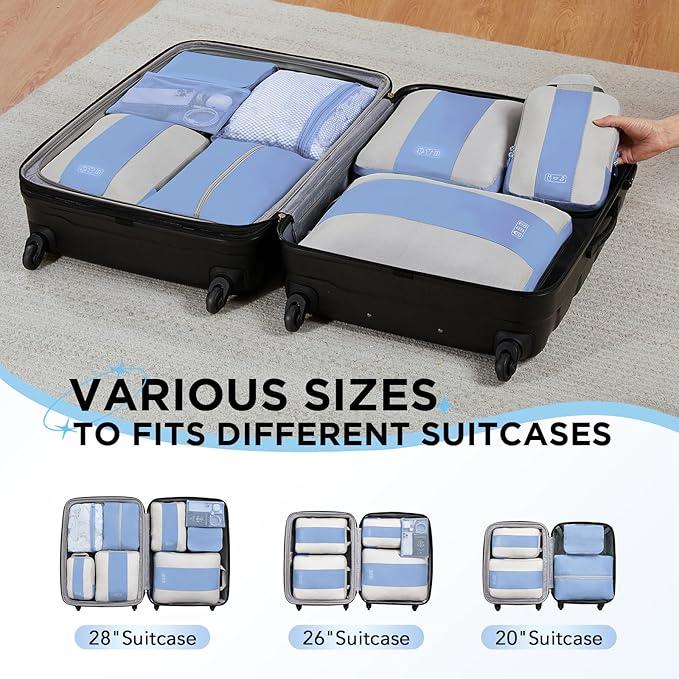 8 Set Compression Packing Cubes for Travel Essentials,Compressible Expandable Packing Cubes for Suitcase,OlarHike Luggage Organizer Bags for Travel,Handy Helper for Organizing Clothes(Light Blue)