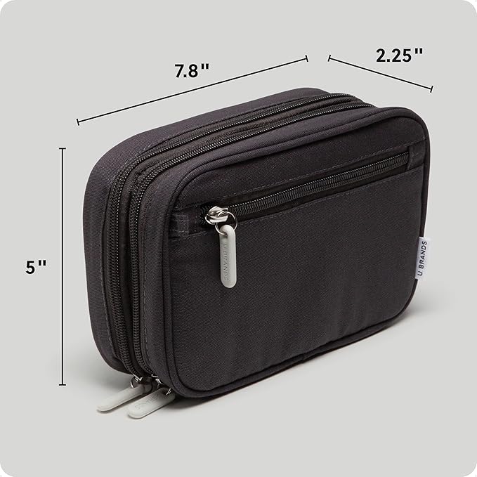 U Brands Dual Zip Canvas Tech Organizer Pouch, 7.8" x 5" Cord Organizer, Computer Accessories, Travel Essentials, Travel Gifts for Men Who Have Everything, Electronics, Slate Gray