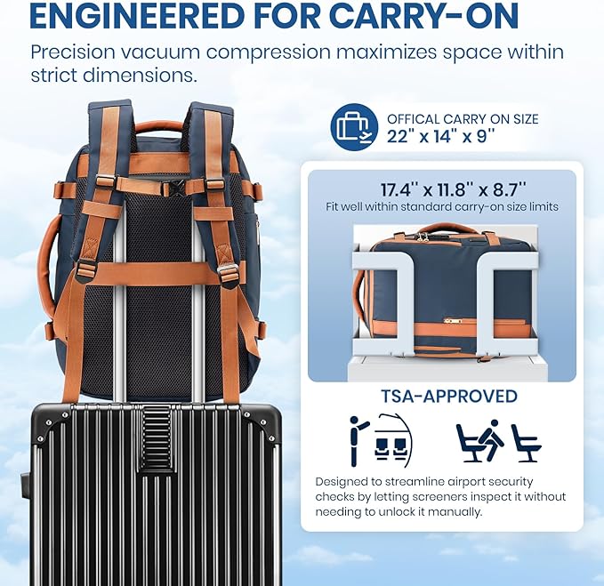 Fanwoli Vacuum Travel Backpack, Carry On Luggage with TSA Lock & Anti Theft Zipper, 60L Expandable Airback with Compression Pump, Waterproof Laptop Bag Ideal for Flight & Business,Blue